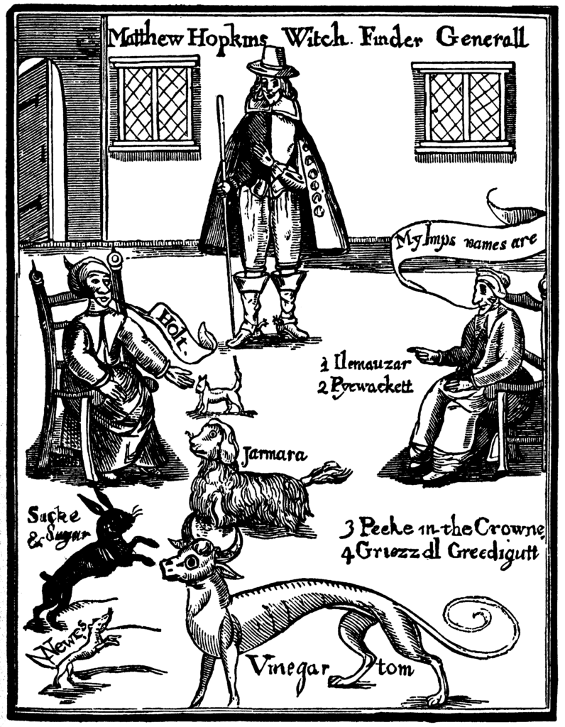 Matthew Hopkins, the witch-finder general, stands in a room with two seated women and a number of animals.